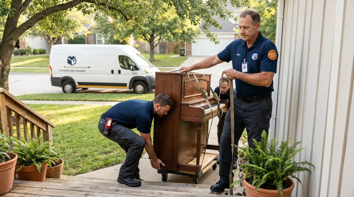 Licensed piano movers securing grand piano in Neenah, WI