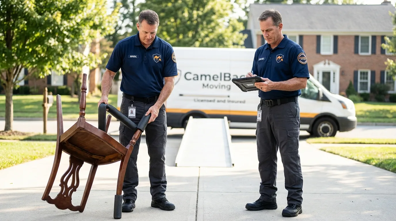 Movers inspecting furniture for damage prevention before loading in Neenah, WI
