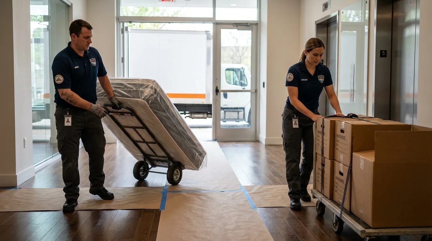 Professional apartment movers loading elevator in Neenah, WI